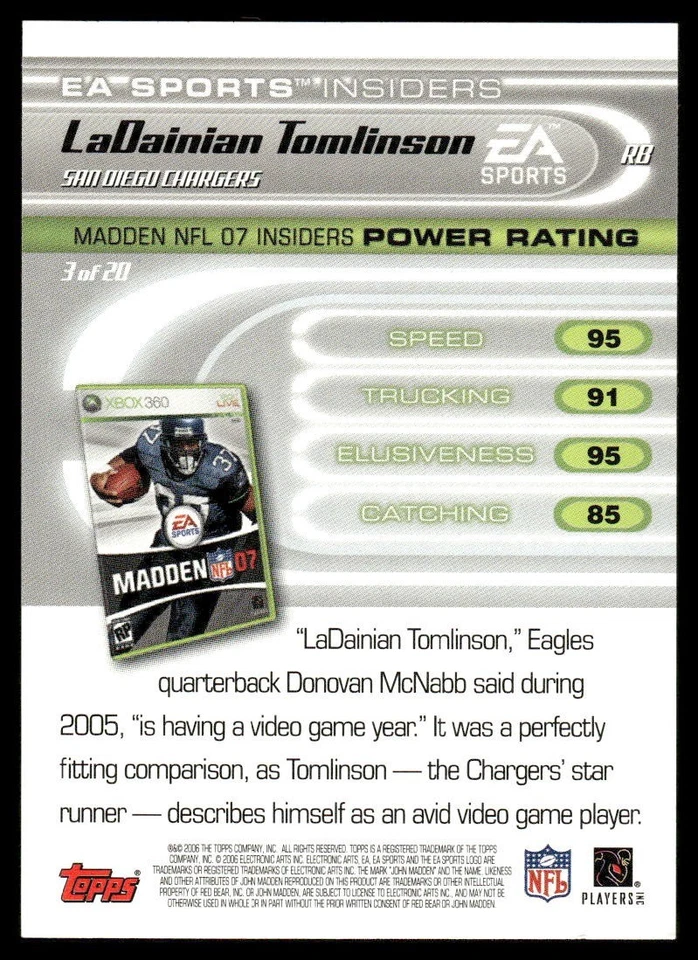 2006 Topps - Ea Sports Insiders LaDainian Tomlinson #3 - Image 2 of 2