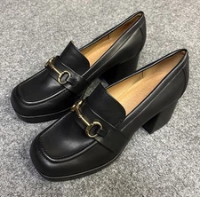 Nine West Women’s 8.5 Black  Slip-On  Block Chunky Heel Gold Chain Loafers Shoes