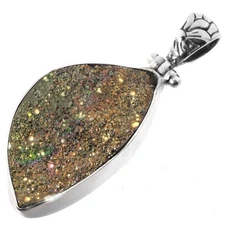 925 Silver Freeform Russian Pyrite Druzy Drusy Sterling Pendant, 1 1/4"