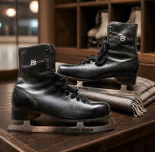 Vintage Gold Crown Black Leather Figure Ice Skates Red Plaid Lining Rustic Winte
