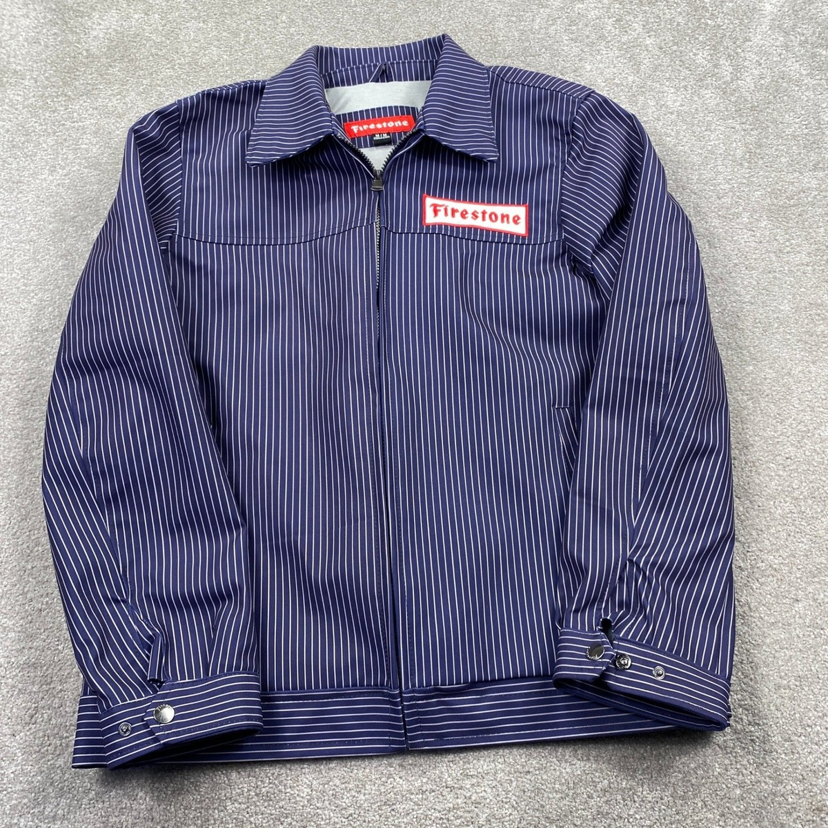 Firestone Work Jacket Mens Medium Navy Blue Pinstripe Mechanic