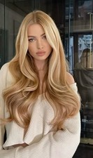 100 Human Hair New Fashion Women's Natural Long Brown Mix Blond Wavy Wigs 24 In