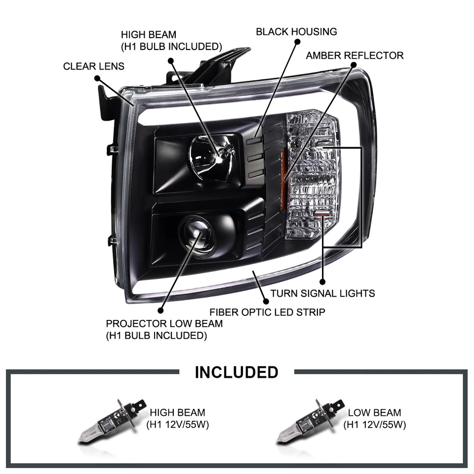 Black Fits 2007-2013 Chevy Silverado 1500 2500HD LED DRL Projector Headlights - Изображение 3 из 4