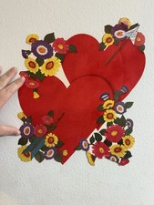 Vintage 1980s Valentine’s Day Die Cut Flocked Double Hearts Flowers Arrow