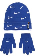 Nike Swoosh Repeat Boys 8-20 Blue All Over Print Warm Winter Beanie Gloves Set
