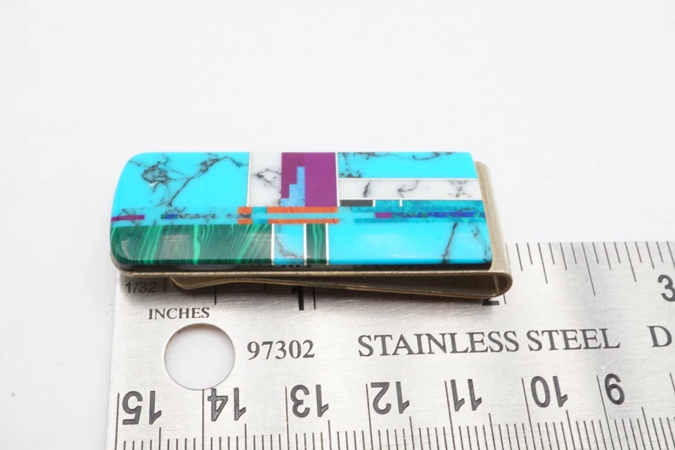 Vintage Money Clip Multi Stone Inlay Turquoise Malachite Silver Tone - Image 4 of 4