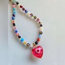 Girls Beaded Necklace w/ Red Pink Charm Age 4