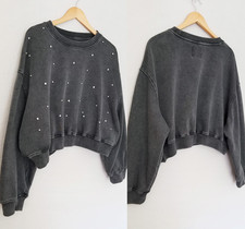 Lazy Sunday Black Cropped Rhinestone Sweatshirt Crewneck Size XL Charcoal Grey
