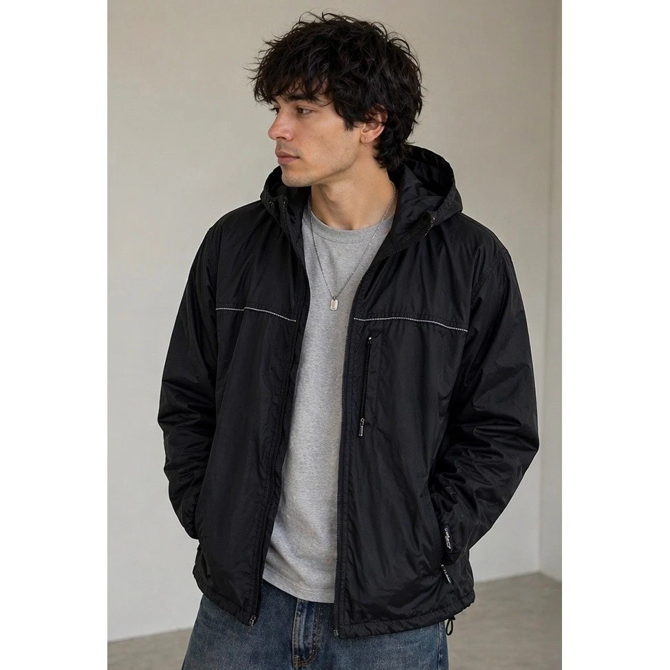 Vintage Eddie Bauer Black Hooded Windbreaker 90's Jacket Coat Outdoor Sz XL Tall