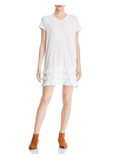 WILT Womens Shift Short Dress White Ruffled Short Sleeve Crew Neck T Shirt M
