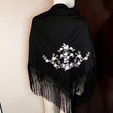 Embroidered Spanish Flamenco Shawl Black And White Floral Fringe Triangular