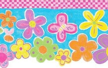 Wallpaper Border Flower Power Green Pink Green Yellow Orange Flowers on Blue - Bild 1 von 1