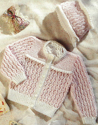Baby Girls Cardigan Bonnet Knitting Pattern Lace and Picot edge 16-22