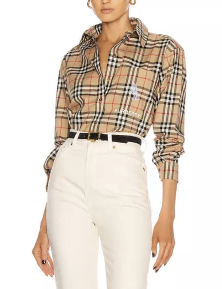 NEW Burberry Carlota Check Oversized Unicorn Patch Button Up Shirt