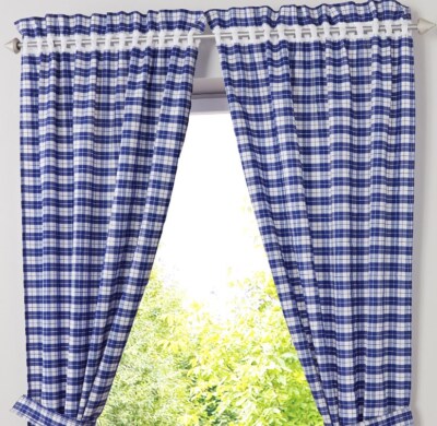 2er Set Vorhangschals Karo-Muster Landhausstil Gardinen Stores mit Raffhalter ZX