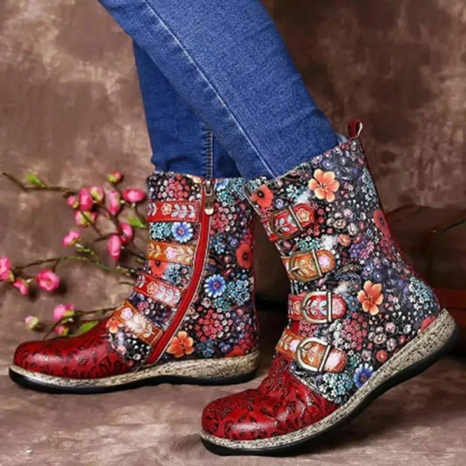 Para mujeres Retro Floral Motociclista Tobillo Plano Botas de Combate Cuero Sintético Cremallera Hebilla Zapatos Foto 3 de 4