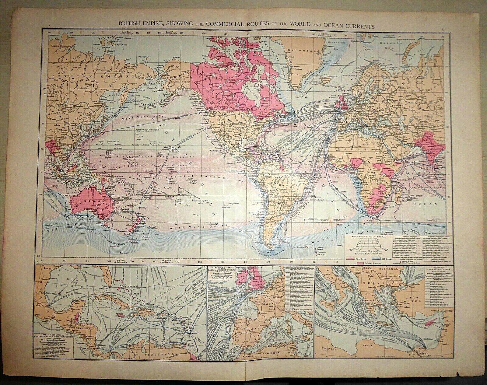 1896 British Empire Map - Commercial Routes/Ocean Currents (no join) 53cm x 41cm