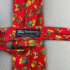 Vintage Burberrys Neck Tie Silk Red Fruits And Vegetables All Over Print