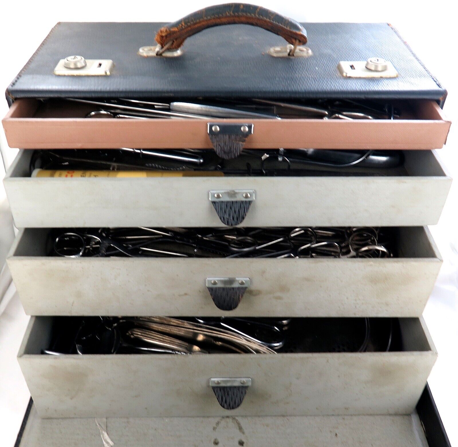 Large / Vintage / 4 Drawer Doctors Travelling Instrument Cabinet + Instruments.