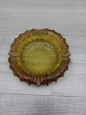 VTG MCM Honey Amber Depression Glass Ashtray 4 Slot Sunburst Pattern 5"