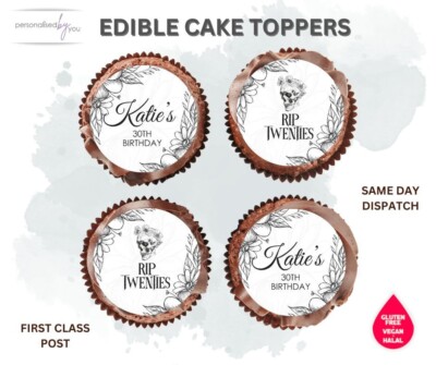 ESSBARE Cupcake-Topper 30. Geburtstag RIP Zwanziger Jahre Glasur Reiswaffel 2'' vorgeschnitten