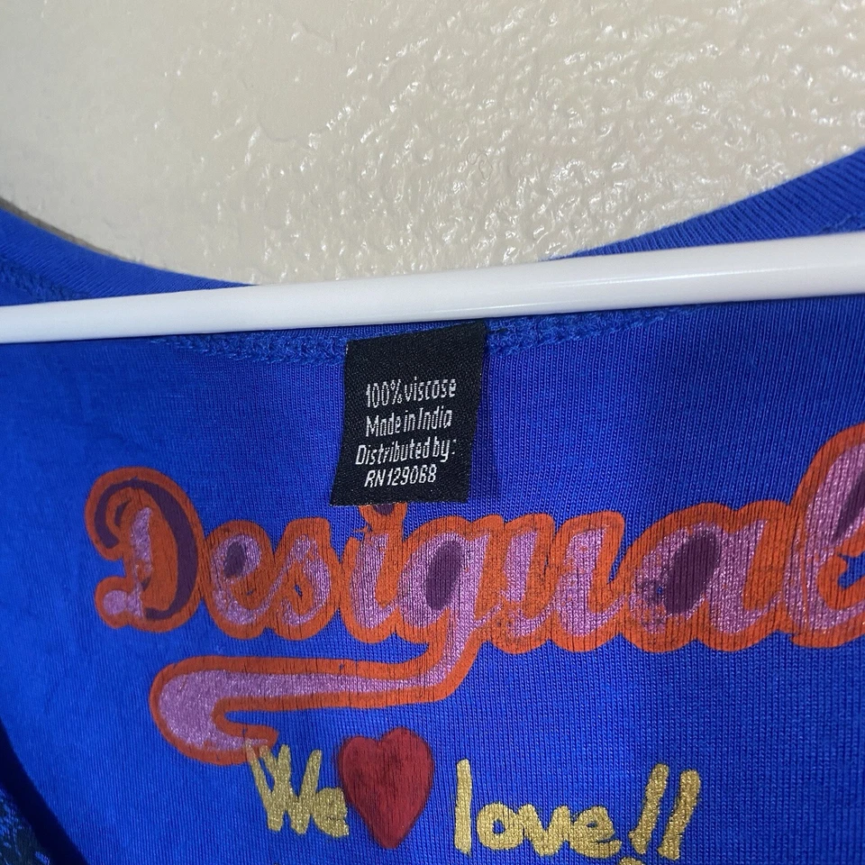 Top túnica alta baja Desigual para mujer talla S abstracto azul boho gráfico asimétrico Foto 4 de 4