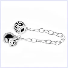 925 Sterling Silver Filigree Flower Safety Chain Bead f/ European Charm Bracelet