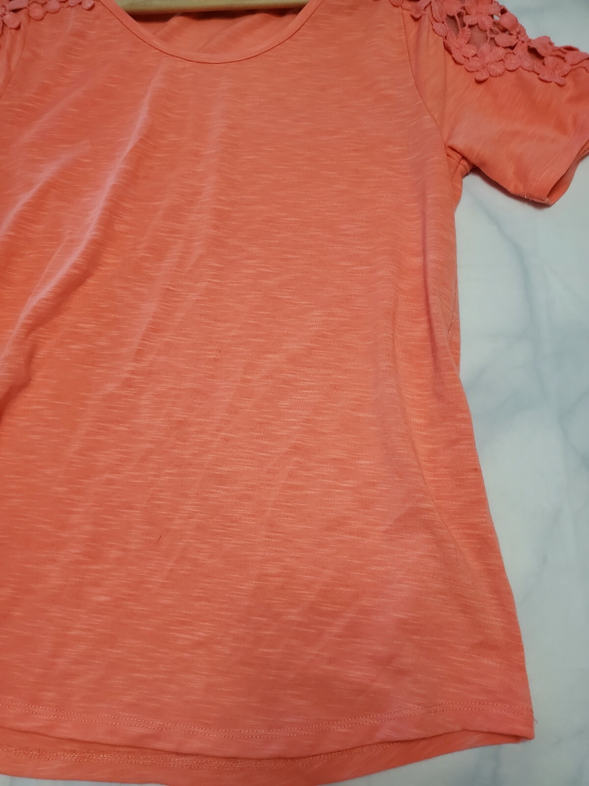 Christopher & Banks Women's Coral TShirt Top Flower Shoulder Lace Size