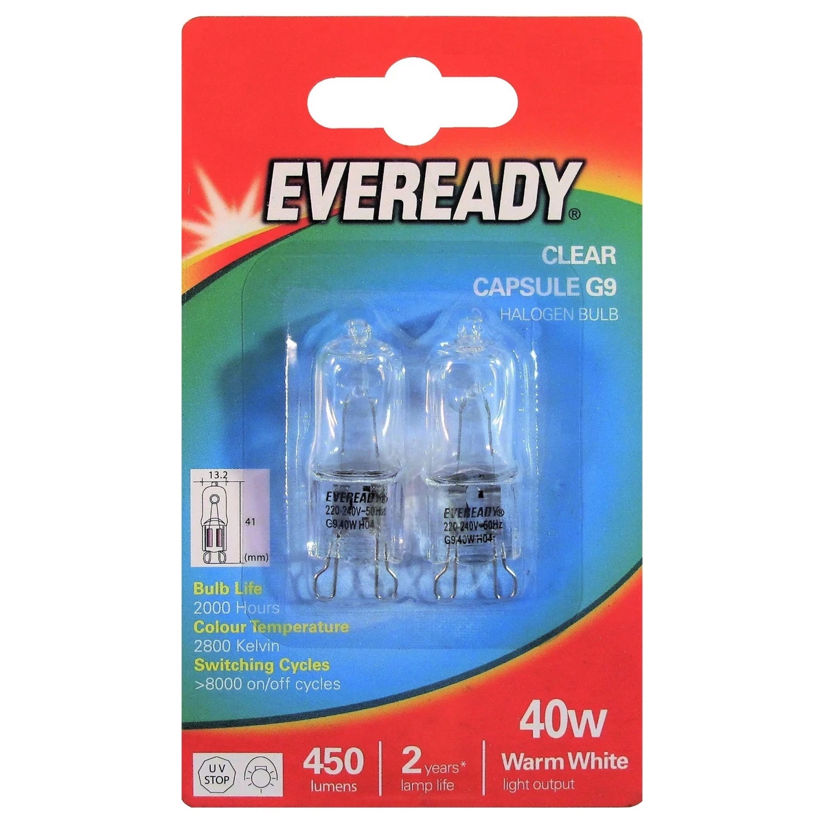 2 x Eveready G9 40W Halogen Bulb 450 Lumens 220V Clear Capsule Lamp DIMMABLE