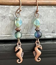 Ocean Tones and Etched Copper Seahorse Earrings. Beach. Vacation. Tropical