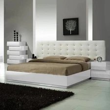 White Lacquer Wood Modern Bedroom 3Pc Set, Cal King Platform Bed & 2xNightstand