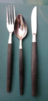 EKCO Epic Eterna Dinner Knife Fork Spoon MCM Black BI Royal Brunei Airlines Vtg