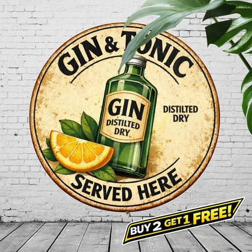 Gin & Tonic Served Here 8x8 Round Vintage Metal Tin Sign Cocktail Bar Decor