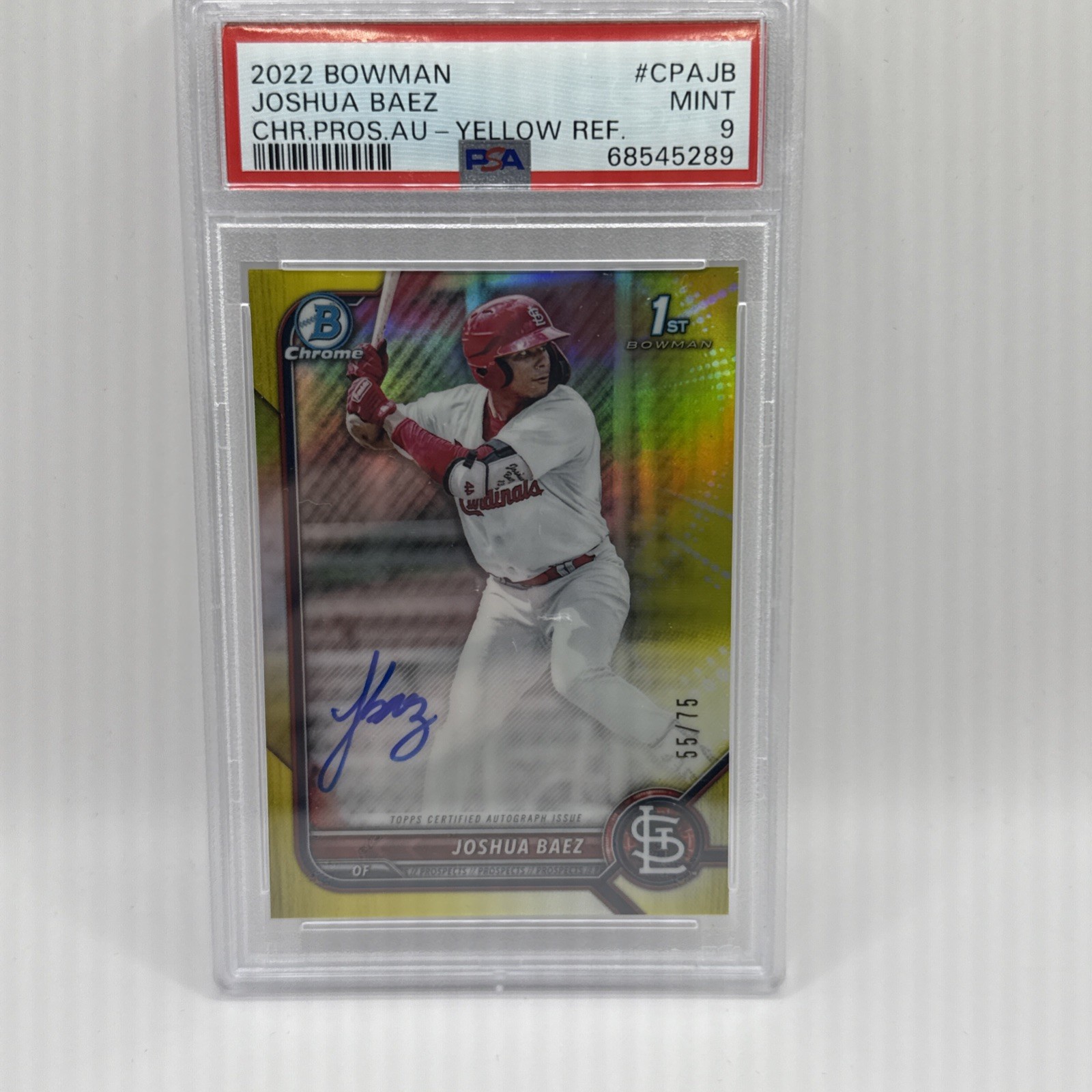 Joshua Baez 2022 Bowman Chrome 1st Prospect Yellow Refractor RC Auto 55/75 PSA 9