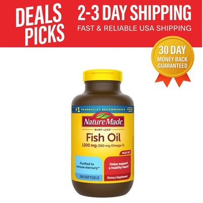Heart & Brain Support Omega 3 Fish Oil 1200 mg - 200 Count, Burp Less Softgels