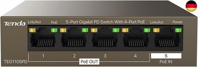 Tenda 5 Port PoE Switch ohne Netzteil, Gigabit PoE Powered Switch (1 PoE In