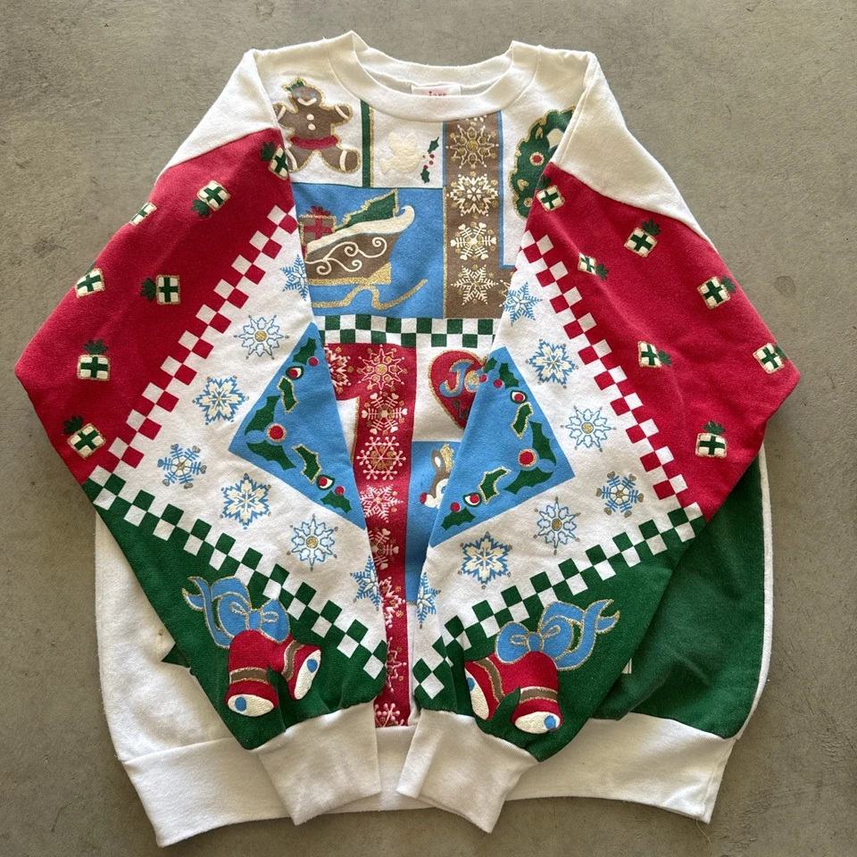 De colección Años 80 Jane Colby Blanco Multicolor AOP Navidad Cuello Redondo Hecho en EE. UU. Foto 3 de 4
