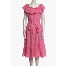 Elizabeth Wilson Designs Pink Eyelet Ruffle Off Shoulder Tiered Midi Dress S