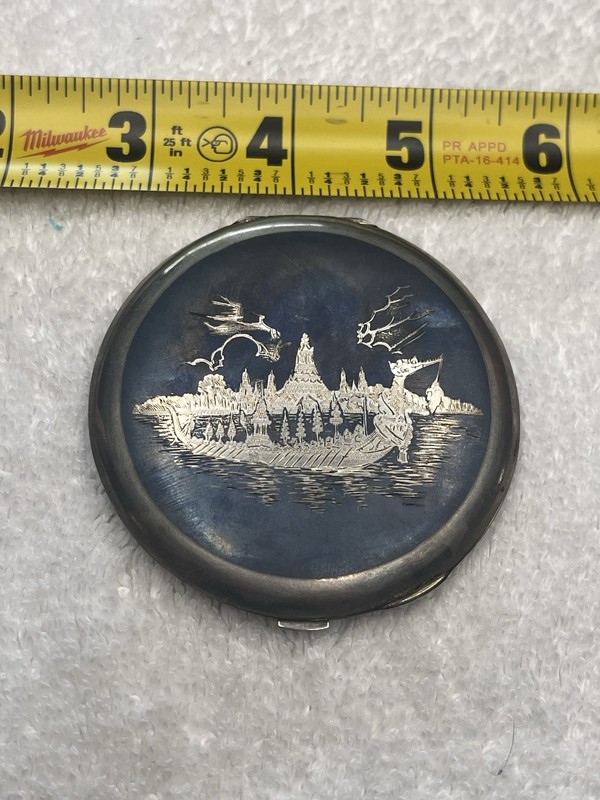 Siam Sterling Silver Niello Round Compact Mirror Thai Temple Scene Etched