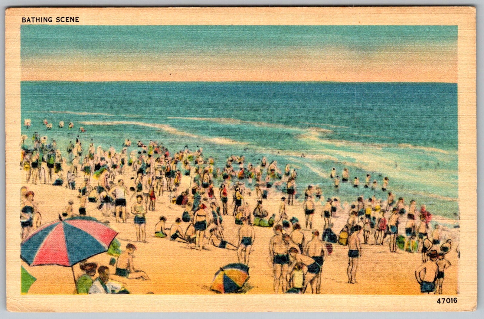 Vtg Linen Postcard Bathing Scene Beach Crowd Stone Harbor, NJ 1940s