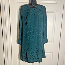 J Crew Dress Womens 14 Green Jacquard Floral Dot Long Sleeve Shift Puff Sleeves