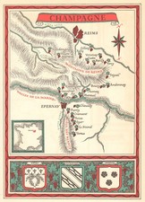 Champagne wine map. Carte vinicole 1957 old vintage plan chart