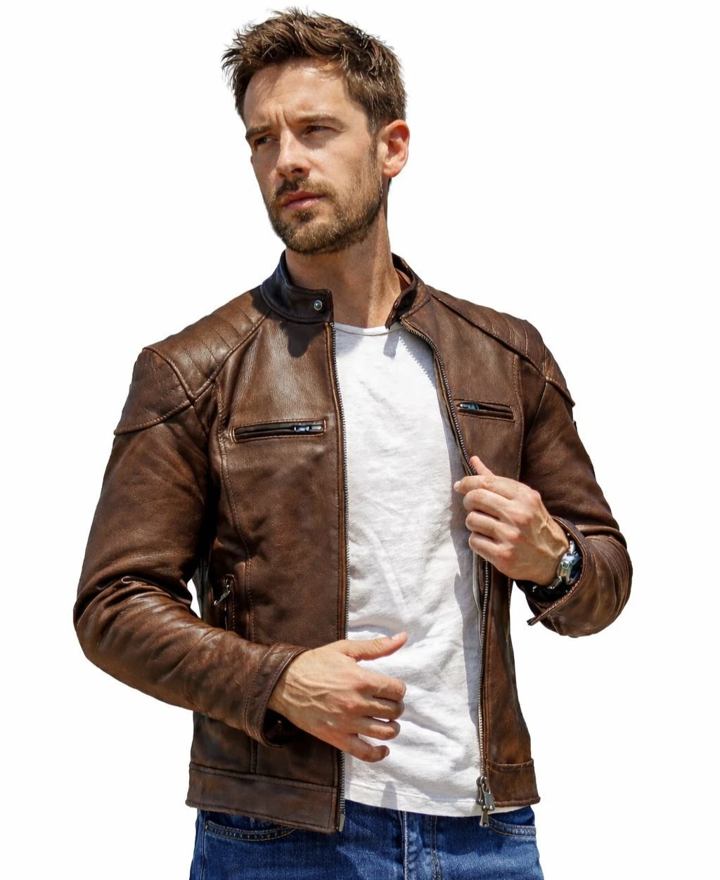 Road Star Brown Real Leather Jacket –Men’s Biker Style Jacket Vintage Distressed