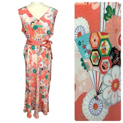 VTG 90s Diane von Furstenberg Sz 1X 100% Silk Floral Asian Waist Tie Maxi Dress