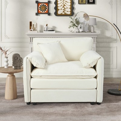 Oversized Chenille Armchair Modern Modular Reading Chair w/1 Toss Pillow Beige