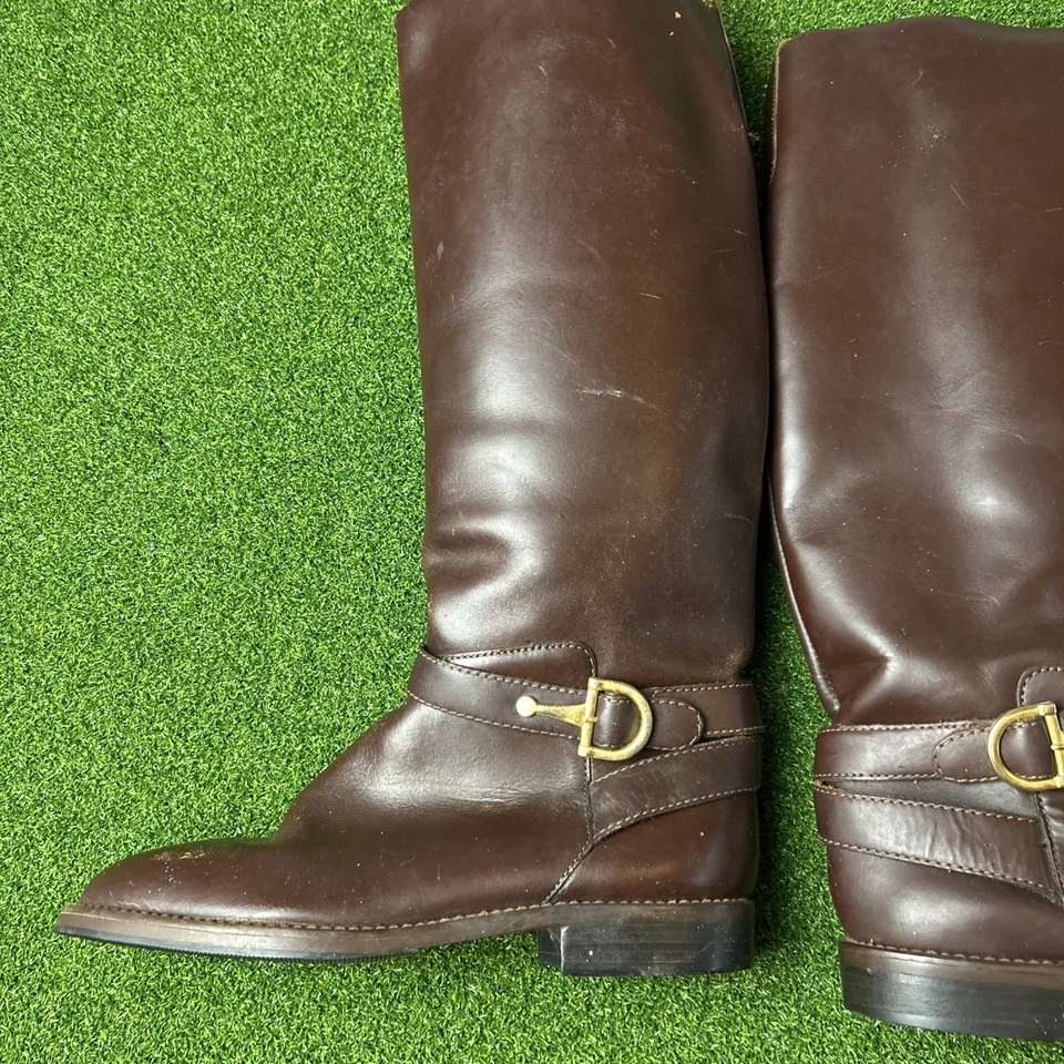 VTG NINE WEST GISELLE TALL RIDING EQUESTRIAN horsebit BROWN LEATHER BOOTS 7M - Image 2 of 4