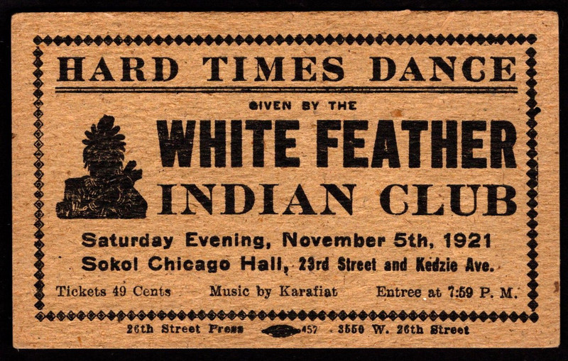 Chicago JAZZ AGE Ballroom Dance Notice 1921 WHITE FEATHER INDIAN CLUB Sokol Hall
