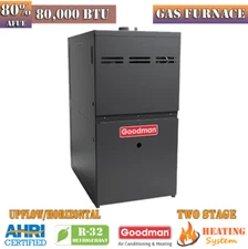 R32 Goodman Gas Furnace Multi Speed ECM 80% AFUE 80K BTU Two Stage Low NOx