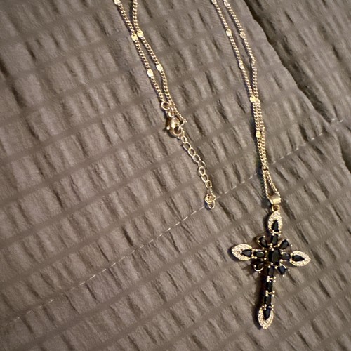 Polygonal Inlaid Colored Zircon Flower Shaped Cross Clavicle Chain Black Stones - Picture 3 of 7