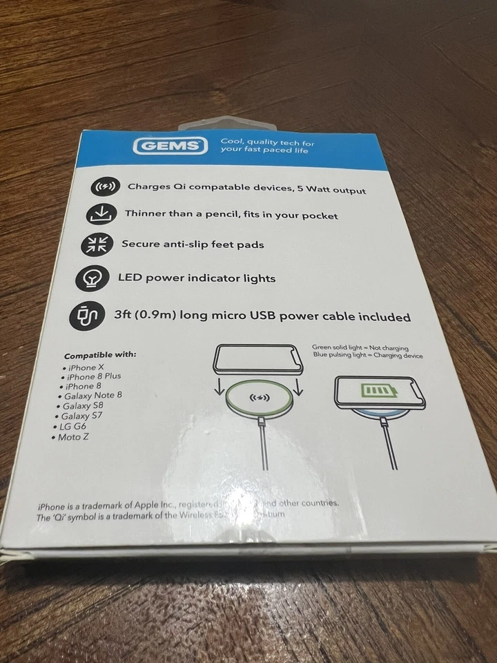 全新 Gems Qi 无线手机充电器 蓝色 适用于 iPhone X 和三星 S7,S8 — 第 3/3 张图片